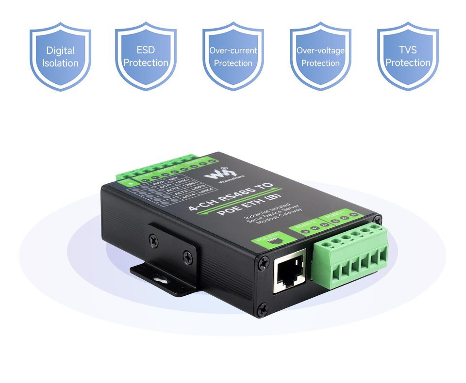 Advanced IoT Gateway and Data Acquirer Converting Four RS485 Channels to ETH with PoE Support