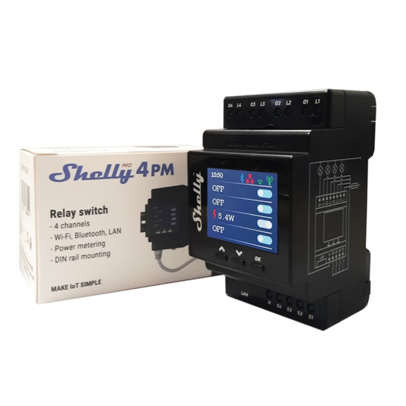Shelly Pro 4PM - 4-kanálové chytré relé WiFi/LAN/BL s displejem