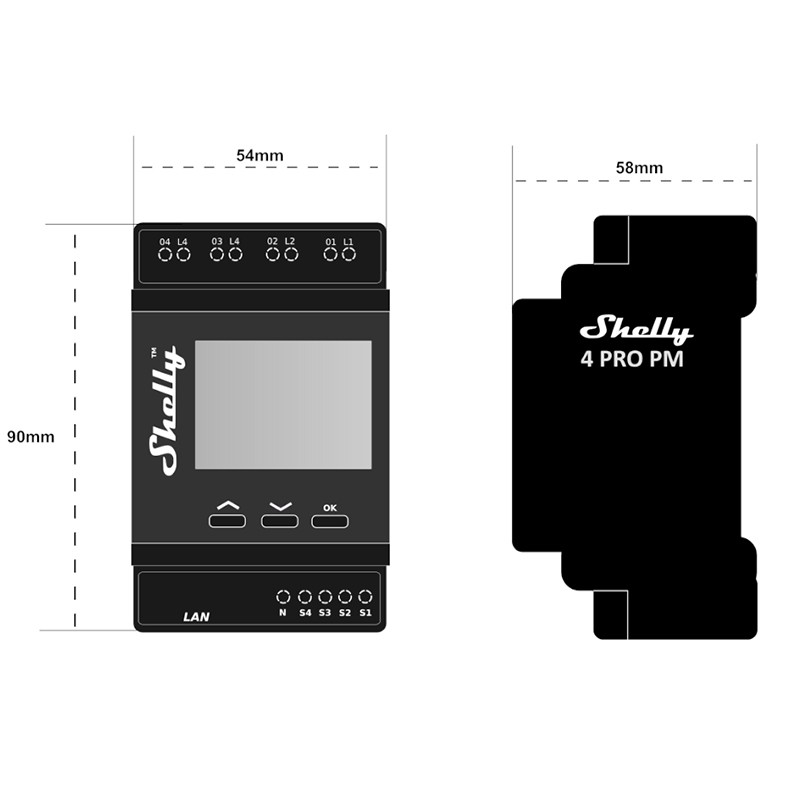 Shelly Pro 4PM - 4-kanálové chytré relé WiFi/LAN/BL s displejem