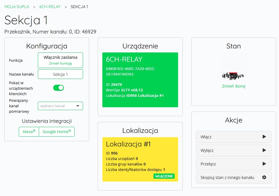 Ustawienia funkcji, nazwy i ikony kanału przekaźnika w SUPLA Cloud