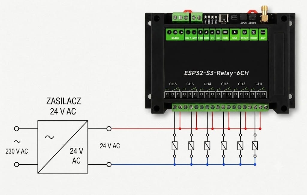 Schemat podłączenia sześciu elektrozaworów nawadniania 24 V AC do sterownika przekaźnikowego SUPLA