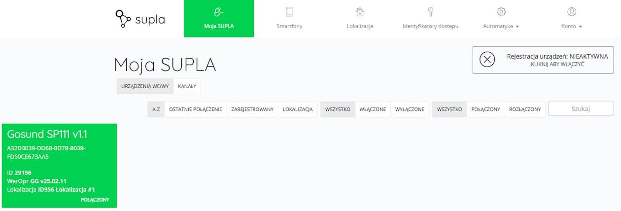 Wybór urządzenia Gosund SP111 w chmurze Supla