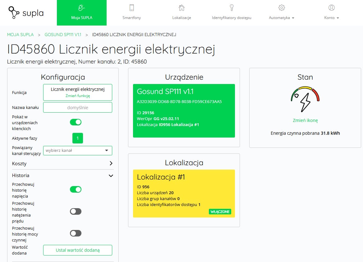 Konfiguracja przechowywania historii napięcia Supla