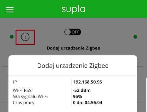 Adres IP bramki Zigbee ZBBridge-P w aplikacji SUPLA oraz ikona informacji