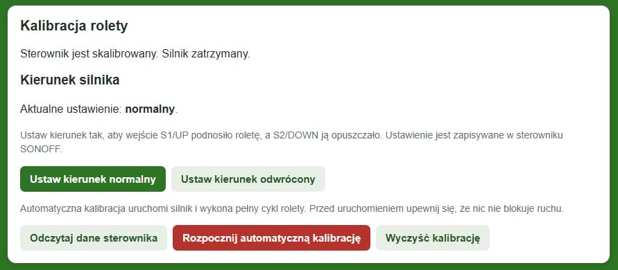 Ustawienia sterownika rolety SONOFF MINI-ZBRBS w panelu WWW z przyciskiem Kalibracja