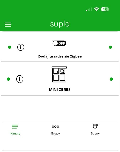 Sterownik rolety SONOFF MINI-ZBRBS poprawnie dodany i widoczny w aplikacji SUPLA