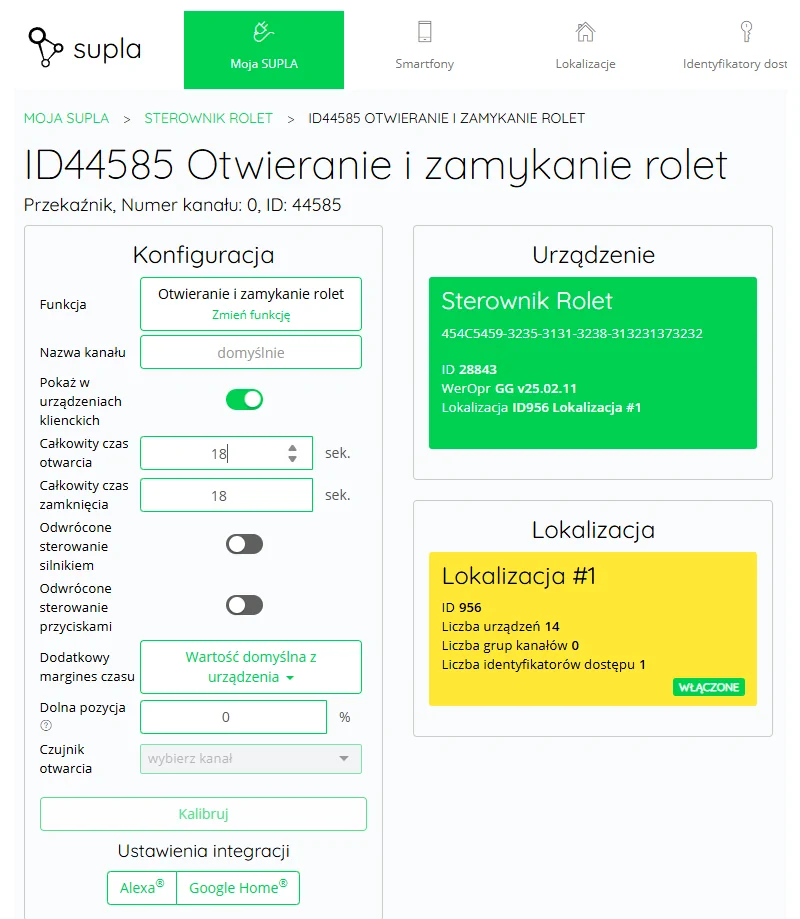 Okno konfiguracji czasu rolet w Supla Cloud