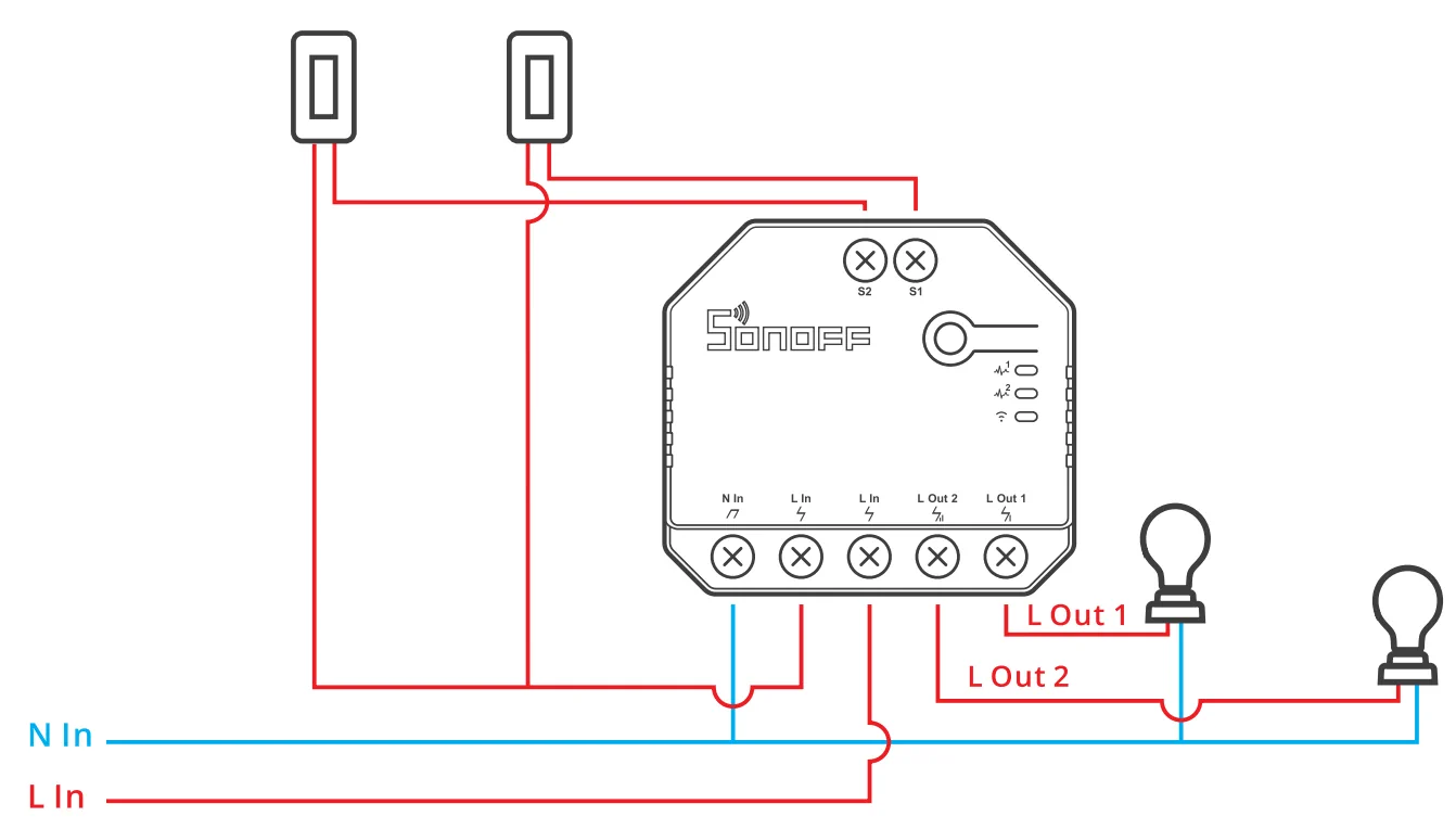 Schemat podłączenia Sonoff Dual R3 jako podwójny włącznik
