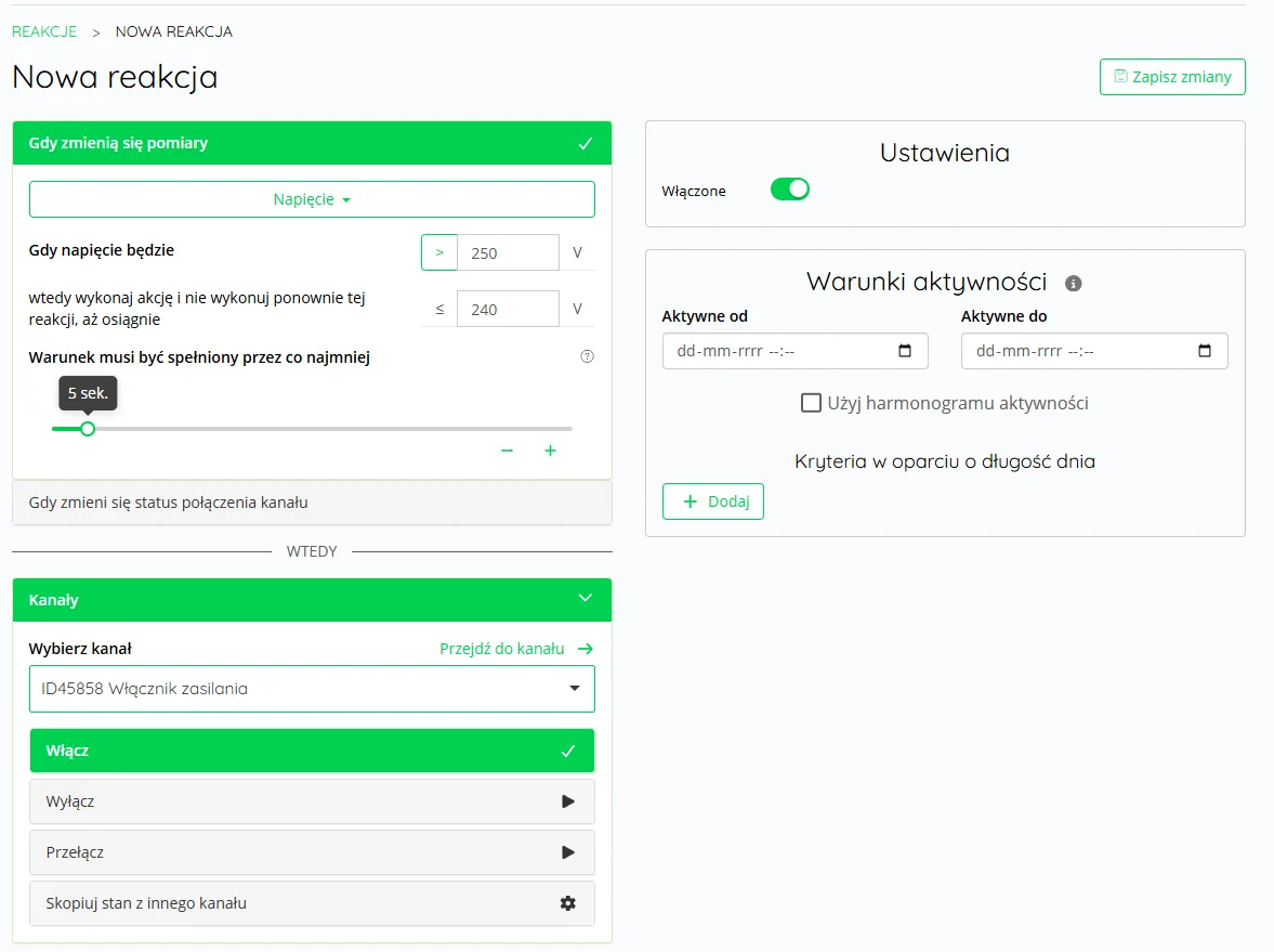 Ustawienia progu włączenia gniazdka SP111 po przekroczeniu napięcia 252 V w SUPLA Cloud