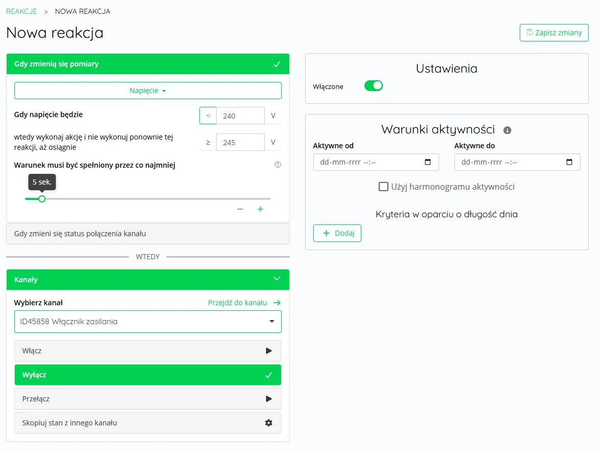 Ustawienia progu wyłączenia gniazdka SP111 po spadku napięcia poniżej 240 V w SUPLA Cloud