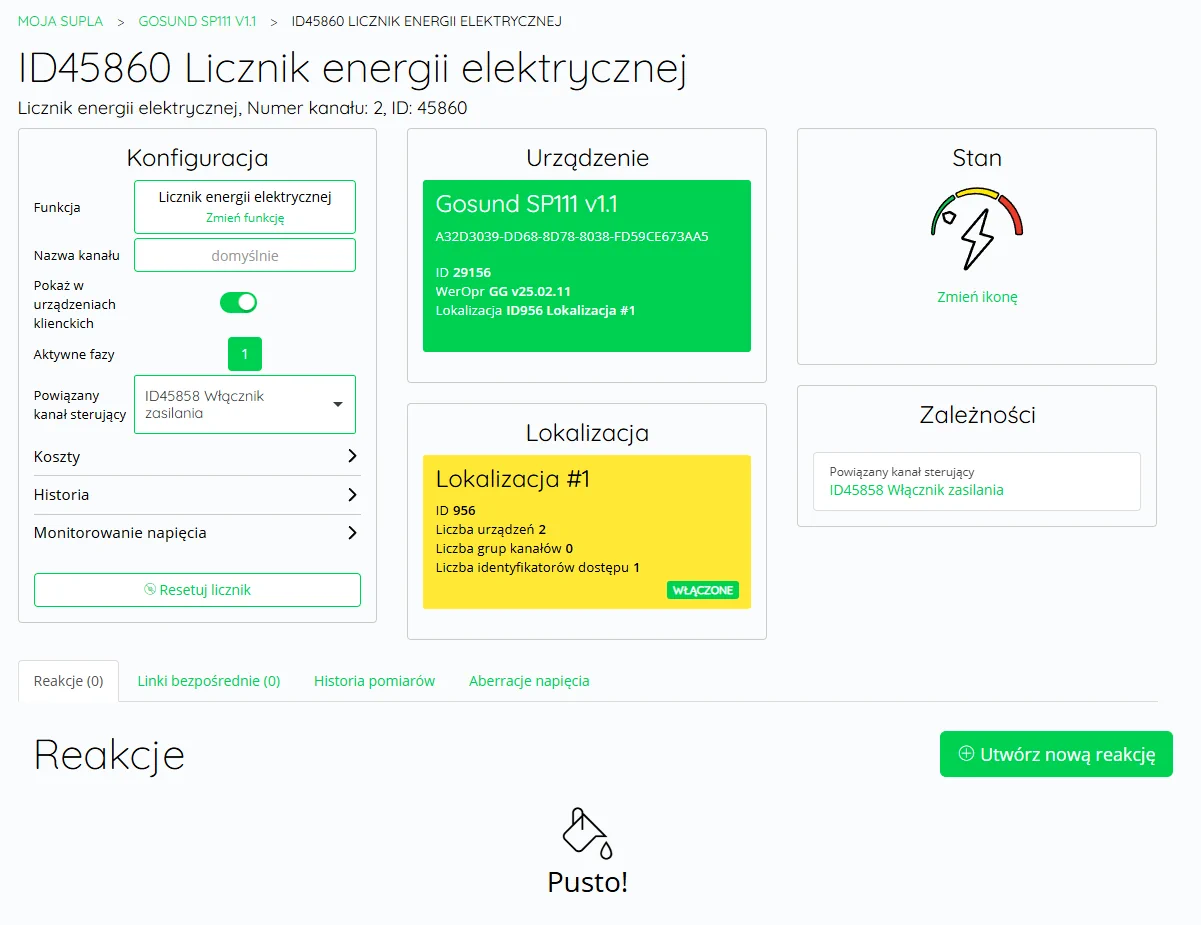 Widok tworzenia nowej reakcji w SUPLA Cloud dla gniazdka SP111