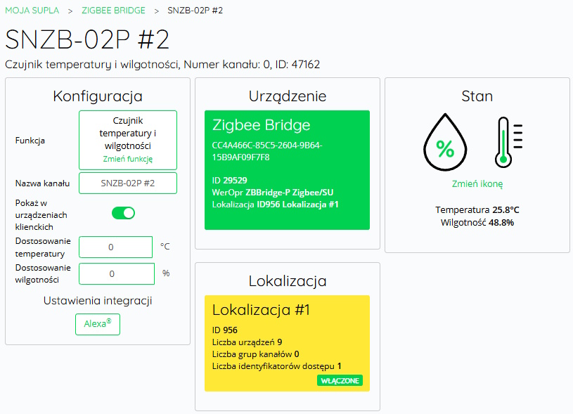 Czujniki temperatury i wilgotności Zigbee widoczne w aplikacji SUPLA