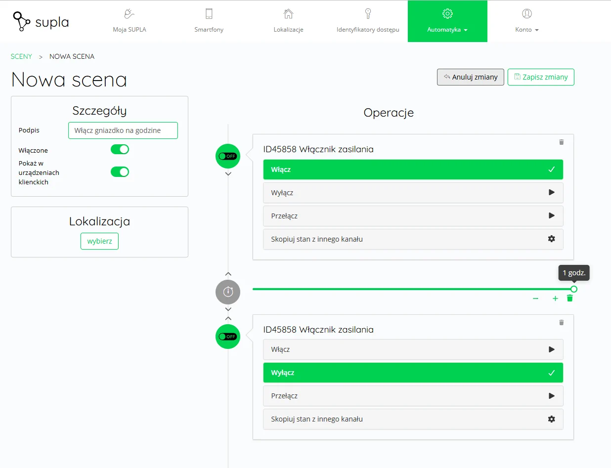 Konfiguracja sceny w SUPLA Cloud z operacjami włączenie, opóźnienie i wyłączenie gniazdka