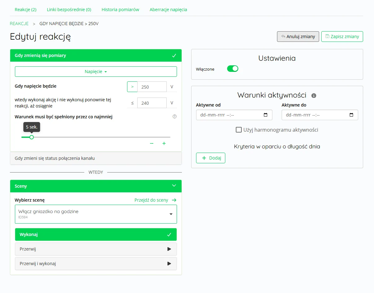 Ustawienia reakcji w SUPLA Cloud uruchamiającej scenę po przekroczeniu napięcia