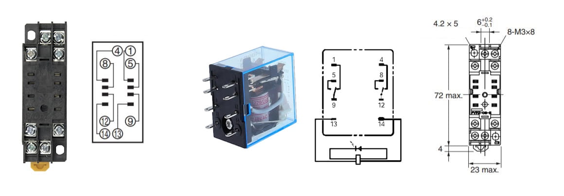 Opis wyprowadzeń przekaźnika MY2NJ oraz podstawki PYF08A