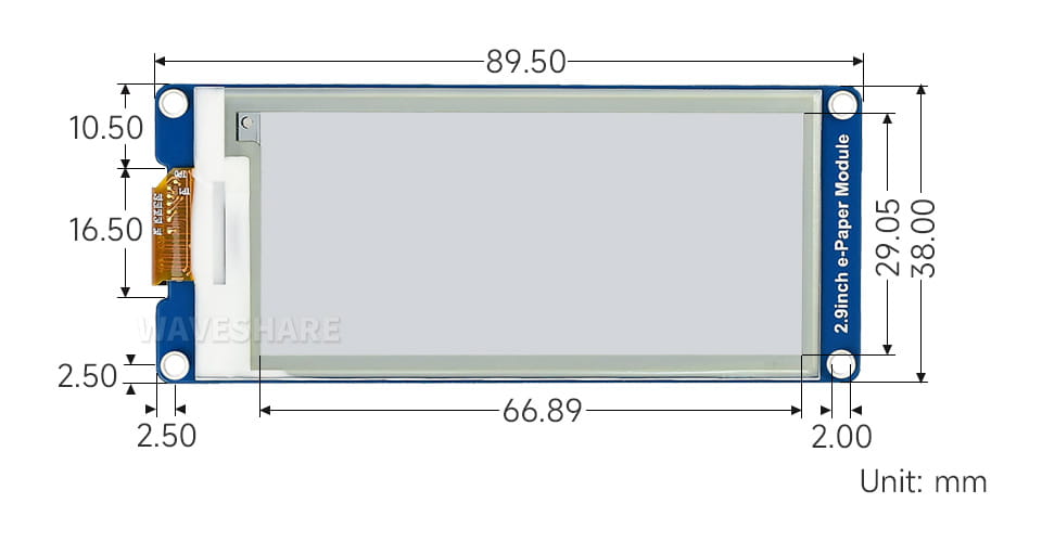 Rozměry 2,9palcového E-Ink displeje