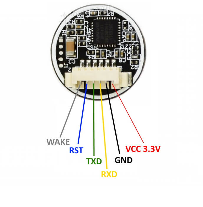 Definice vývodů UART senzoru otisků prstů (D)