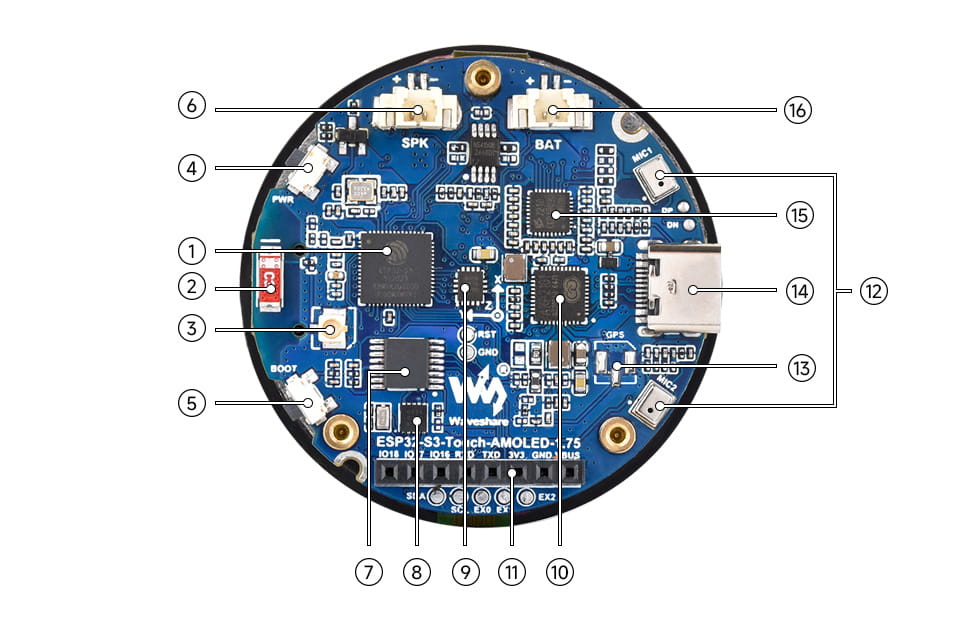 Beschreibung der Elemente auf dem ESP32-S3 AMOLED Board