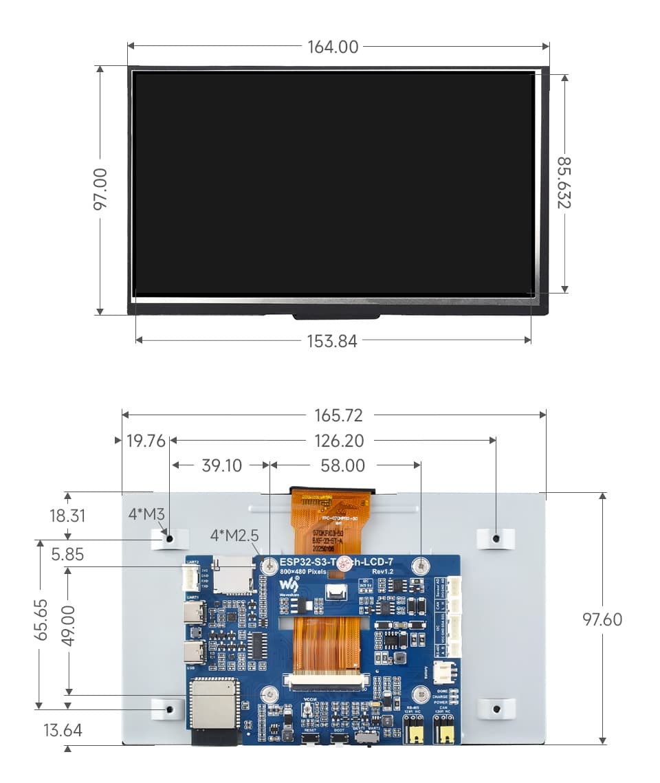 Abmessungen des ESP32-S3-Moduls mit 7-Zoll-Bildschirm