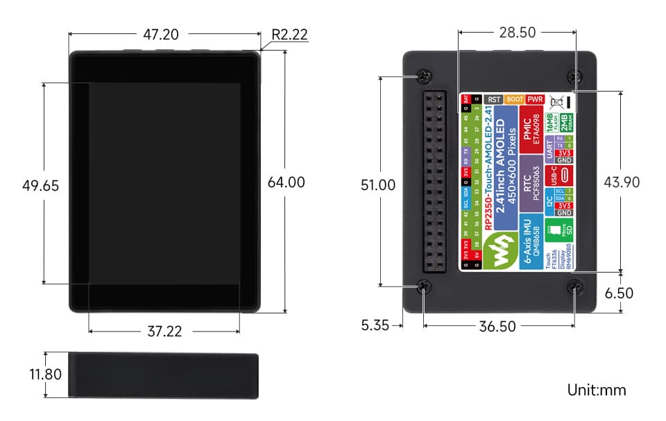 Dimensions of the RP2350-Touch-AMOLED-2.41 board