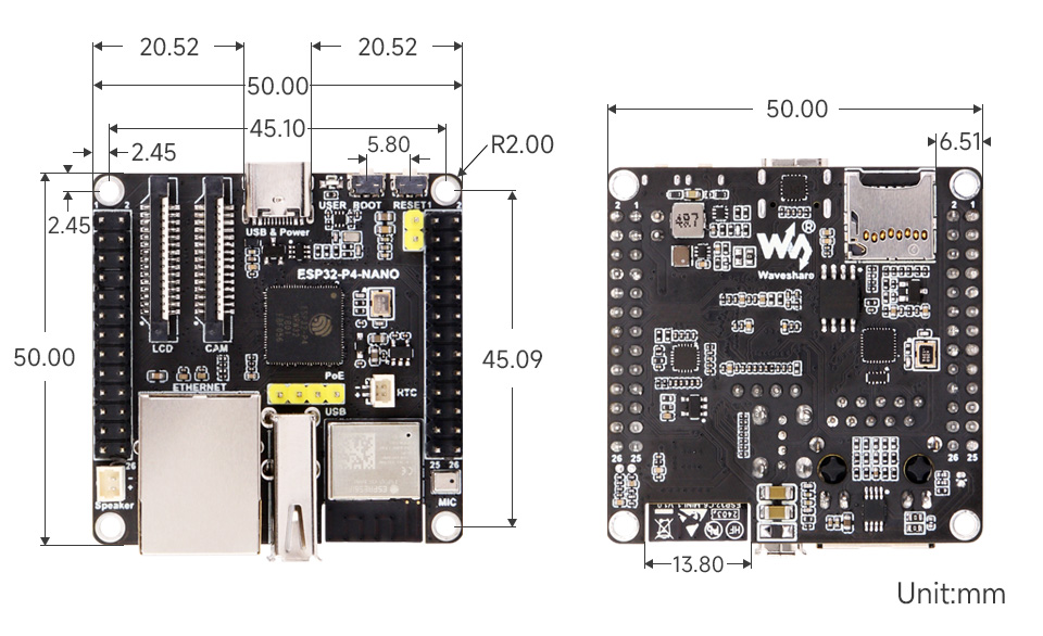 Dimensions of the ESP32-P4-NANO module