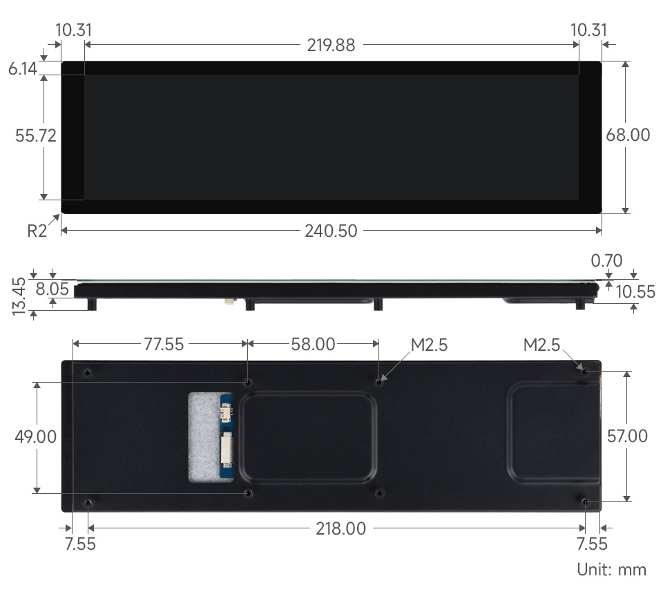 Wymiary techniczne wyświetlacza 8.8 cala
