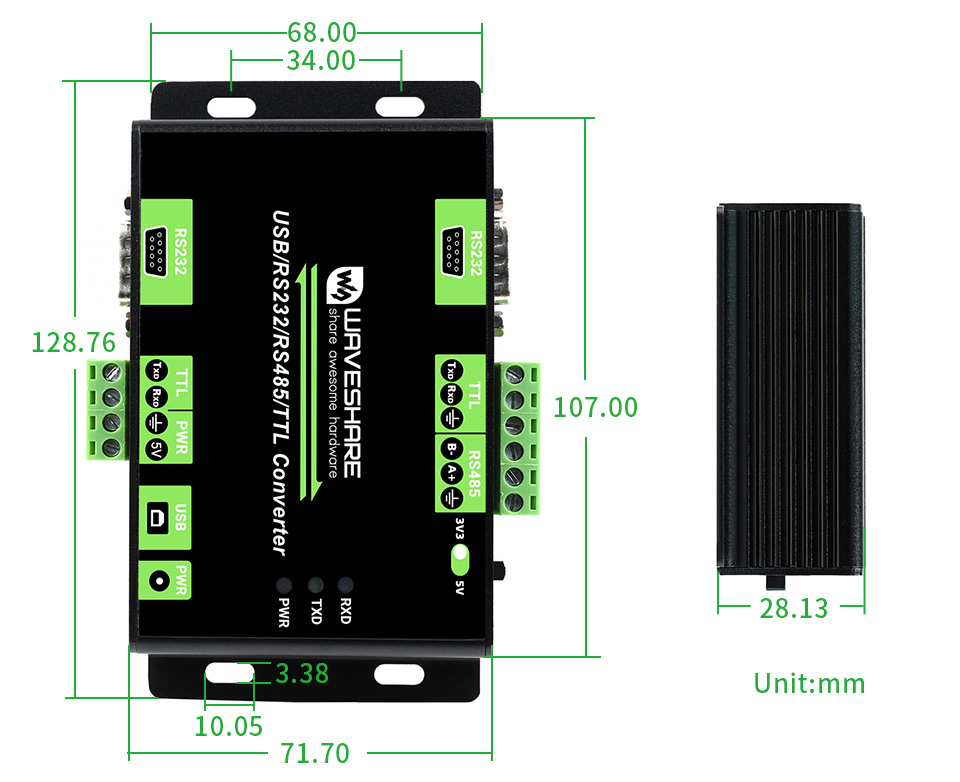 Wymiary obudowy Waveshare Multibus Converter