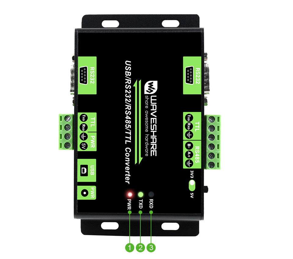 Diody LED statusu pracy TX RX oraz zasilania w Waveshare Multibus Converter
