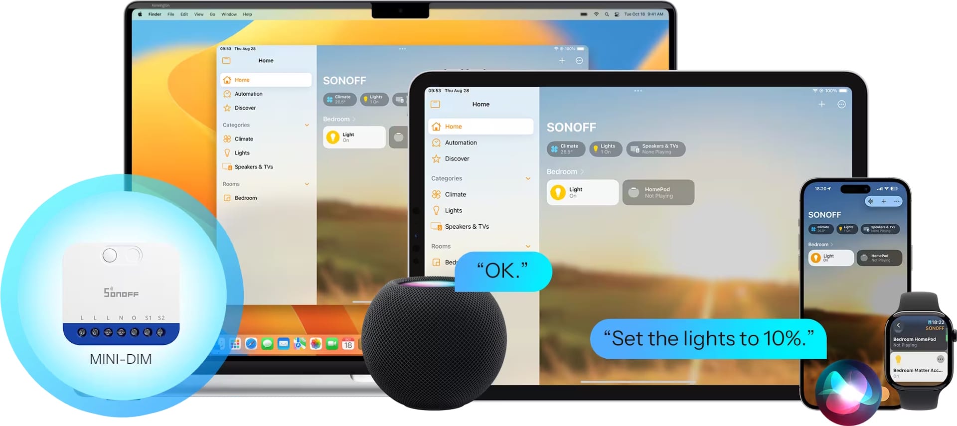 SONOFF MINI-DIM z integracją z Apple Home, iPhone, iPad, Apple Watch i Siri
