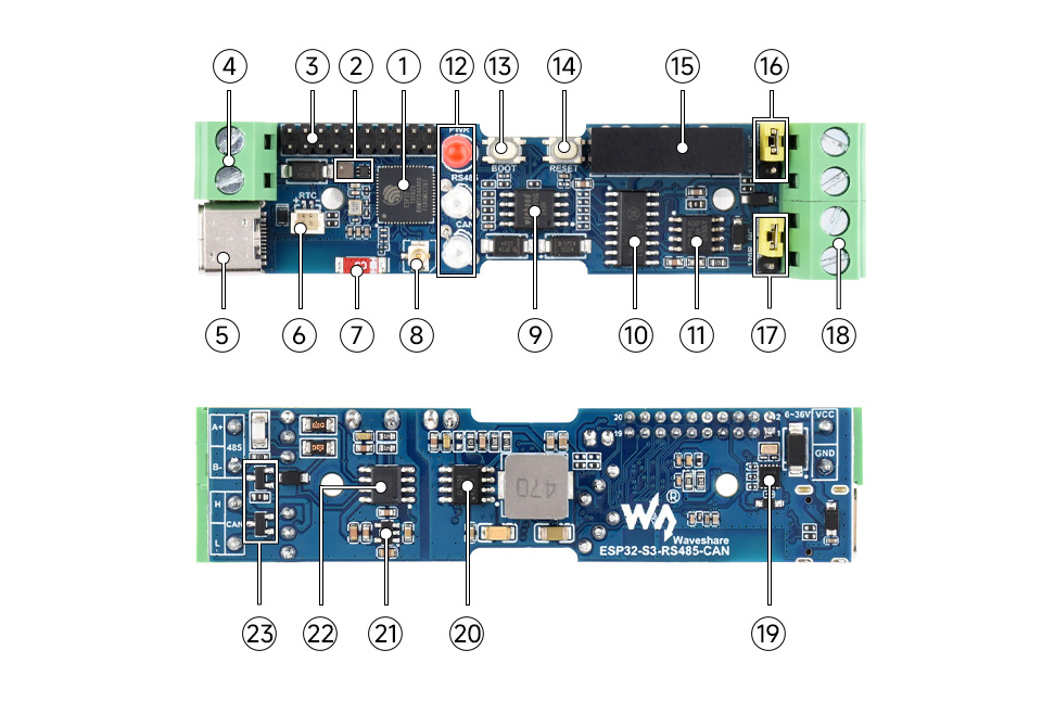 Rozmieszczenie elementów na PCB ESP32-S3 RS485 CAN