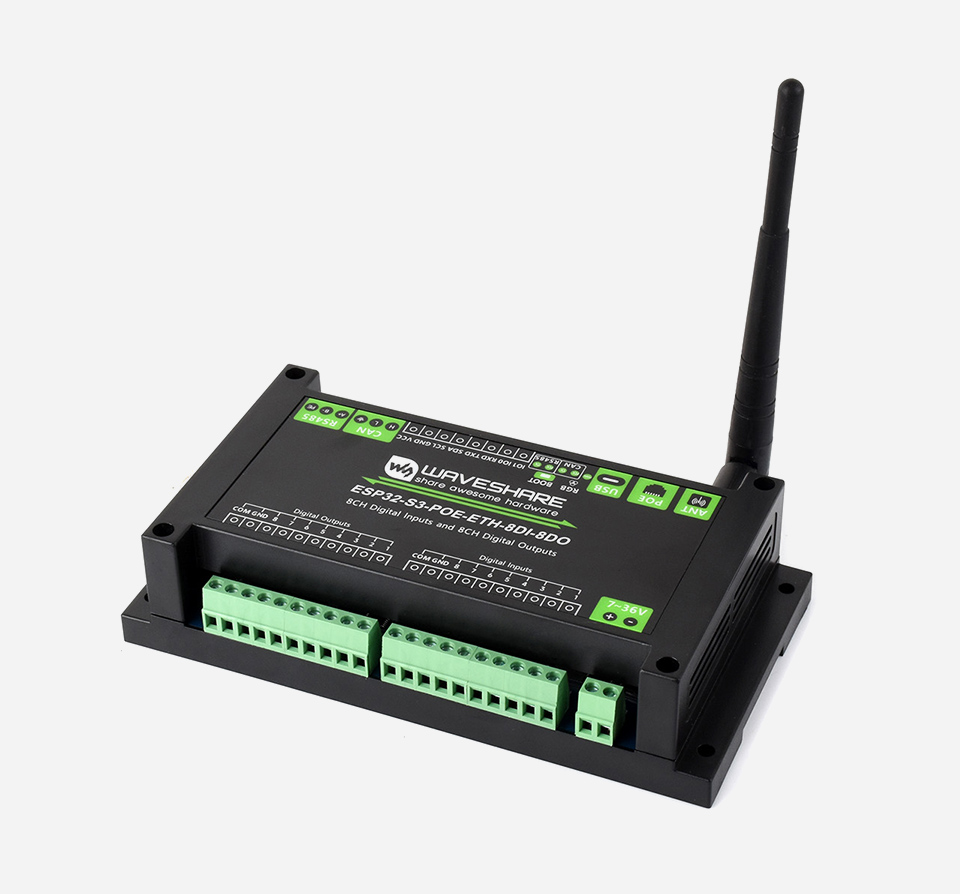 Przemysłowy sterownik ESP32-S3-POE-ETH-8DI-8DO na szynę DIN