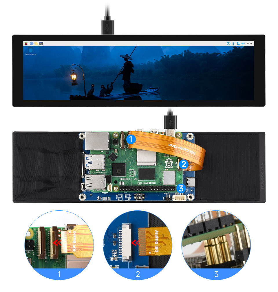 Połączenie wyświetlacza 8.8 DSI z Raspberry Pi 5 za pomocą kabla FPC