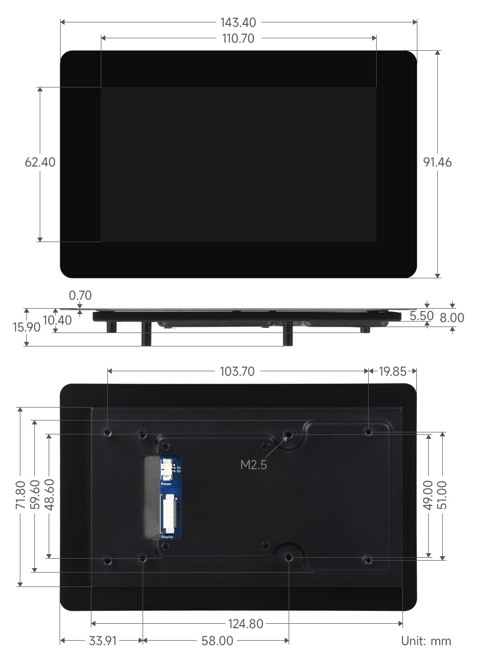 Wymiary techniczne wyświetlacza 5-DSI-TOUCH-B