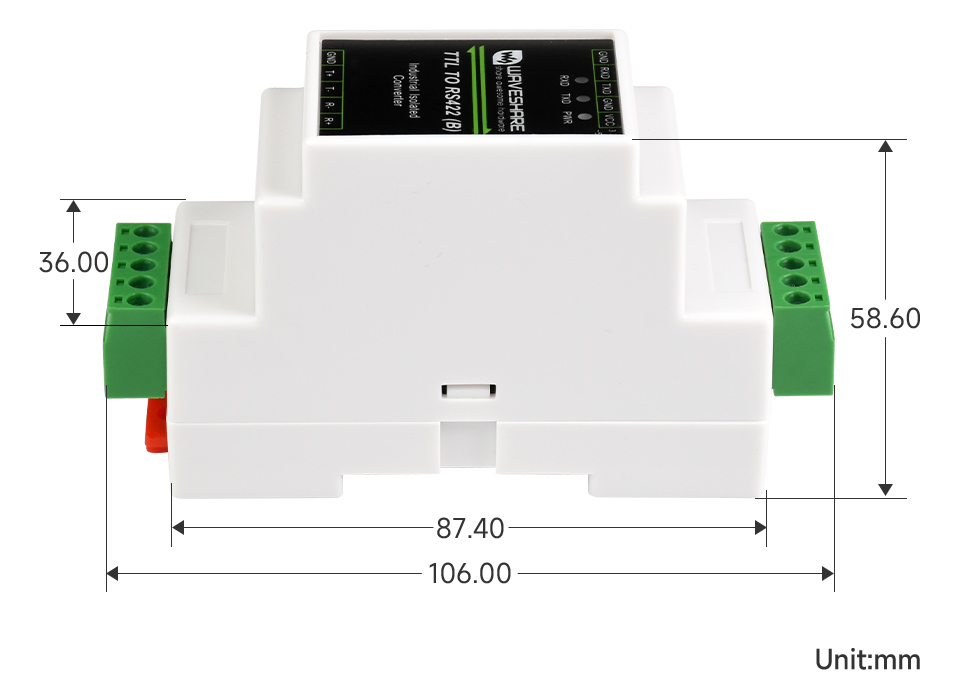 Wymiary konwertera TTL na RS422 na listwe DIN