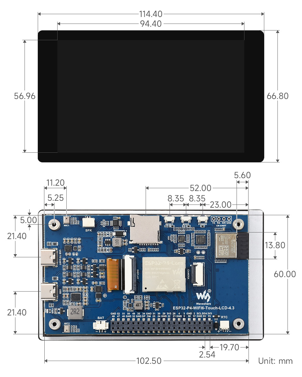 Wymiary techniczne ESP32-P4-WIFI6-Touch-LCD-4.3
