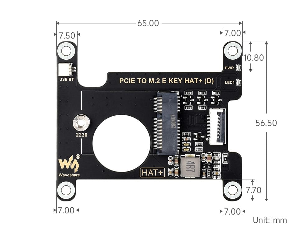 Wymiary płytki PCIE TO M.2 E KEY HAT+ (D)