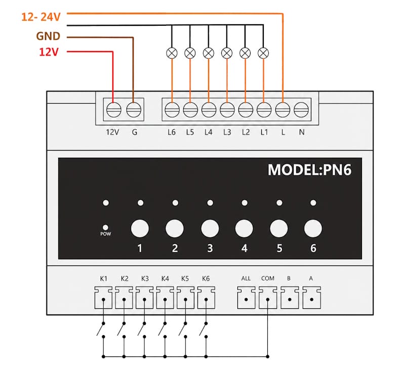 Schemat podłączenia przekaźnika ZigBee na 12V DC styk bezpotencjałowy