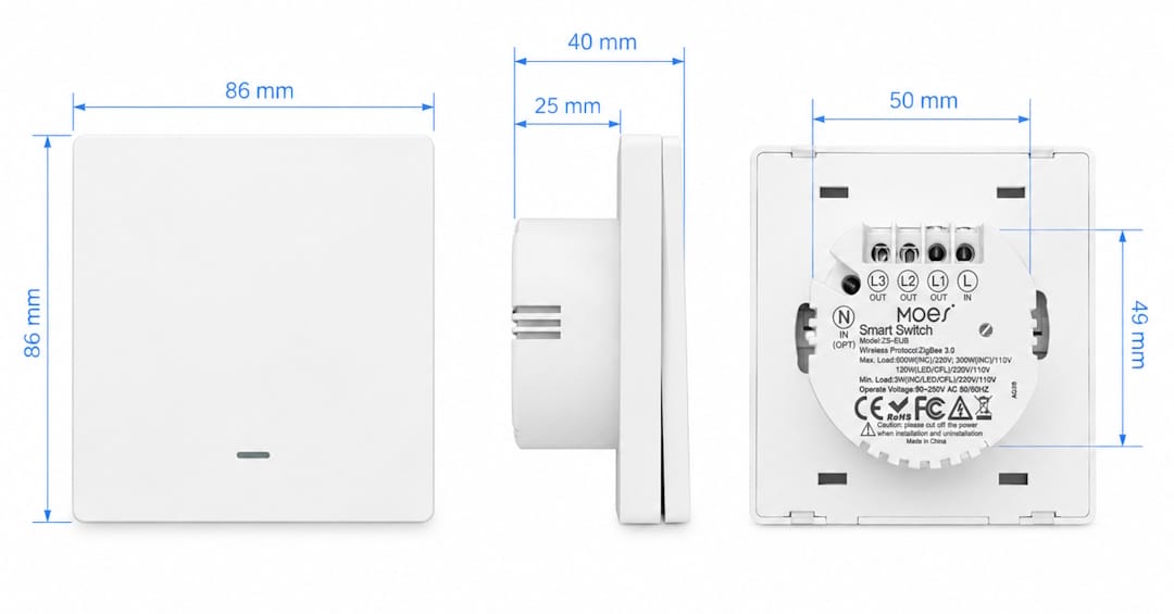 Wymiary i profil przełącznika ściennego ZigBee
