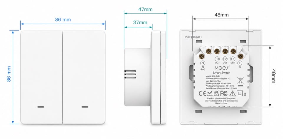 Wymiary i profil przełącznika ściennego ZigBee