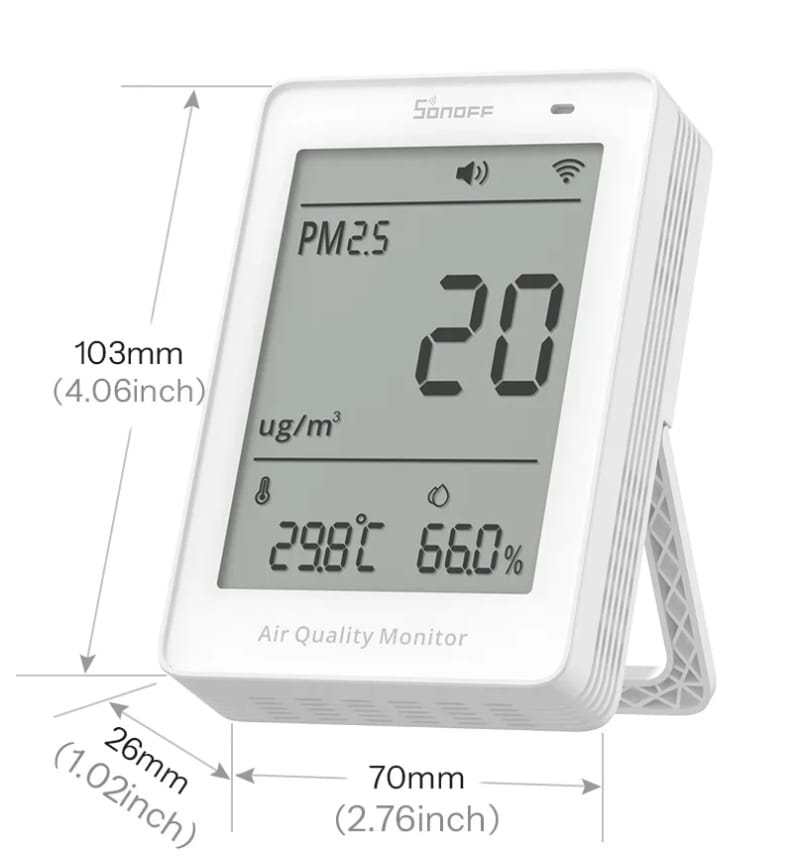 Wymiary i specyfikacja monitora jakości powietrza SONOFF SAWF-07P