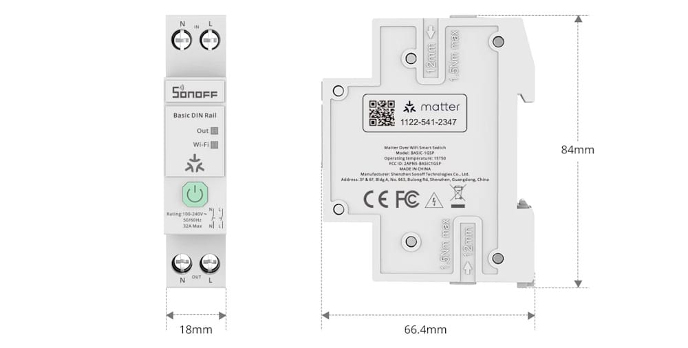Wymiary inteligentnego przełącznika SONOFF Basic DIN Rail