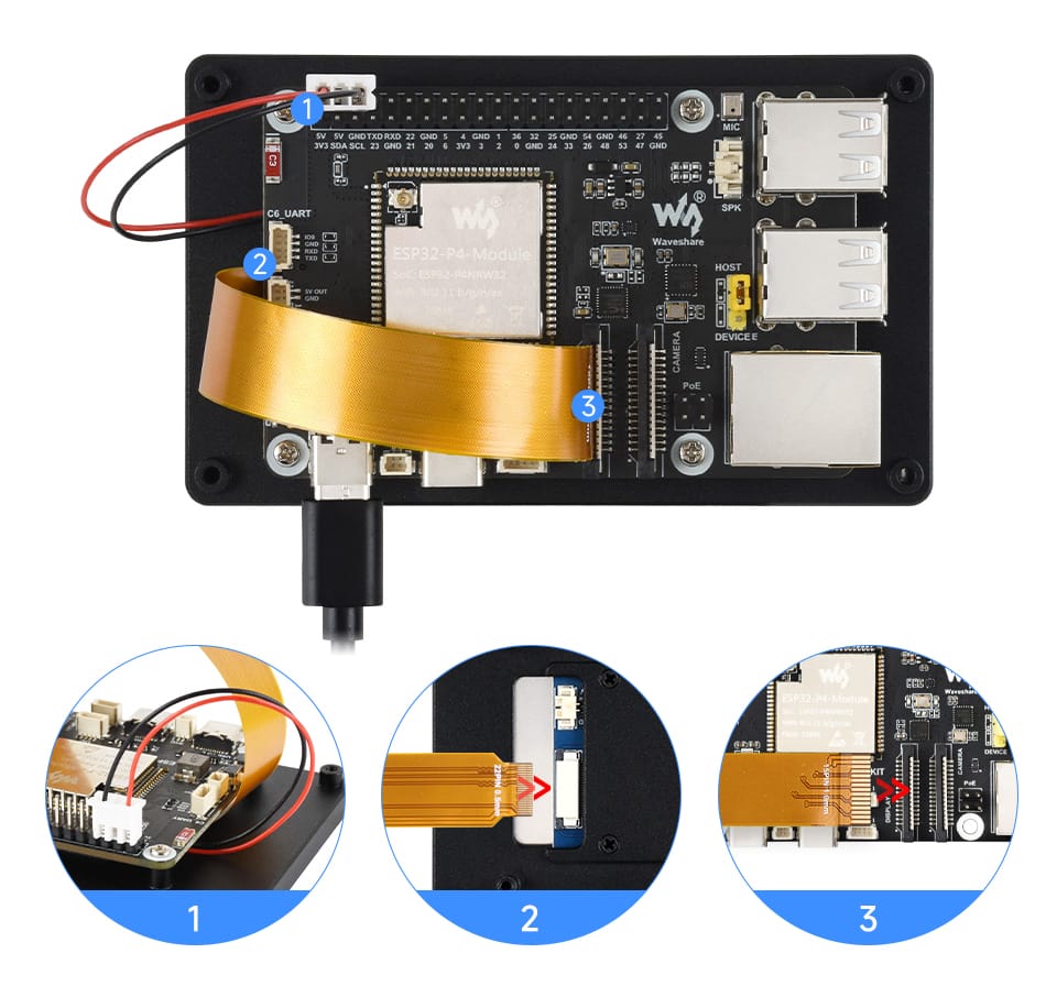 Przewody przyłączeniowe i montaż z modułem ESP32-P4