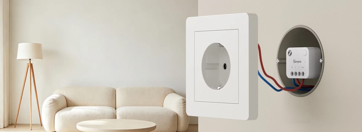 Miernik zużycia energii SONOFF MINI PM Zigbee 3.0 zamontowany w puszce ściennej