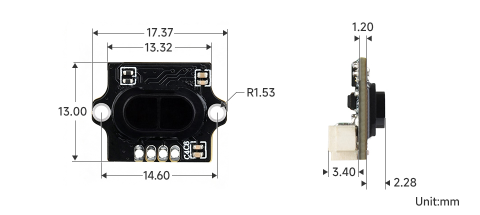 Wymiary zewnętrzne modułu miniaturowego czujnika TOF