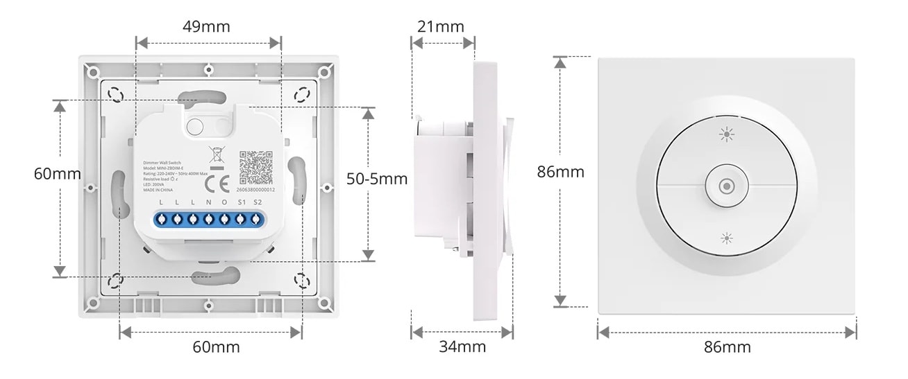 Wymiary ściennego ściemniacza SONOFF Orb-ZBDIM 86x86x34 mm