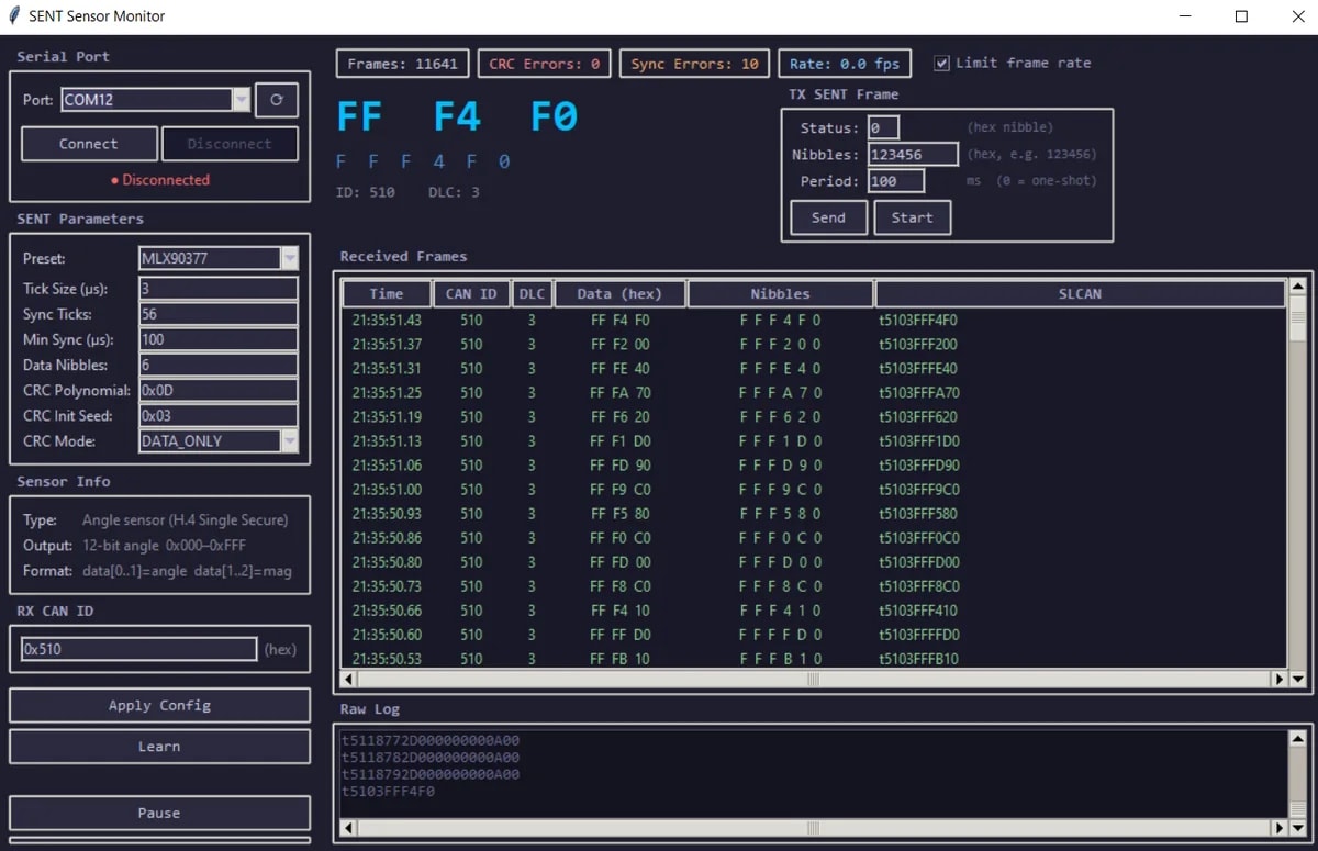 Interfejs aplikacji SENT Viewer 1.0 do dekodowania danych