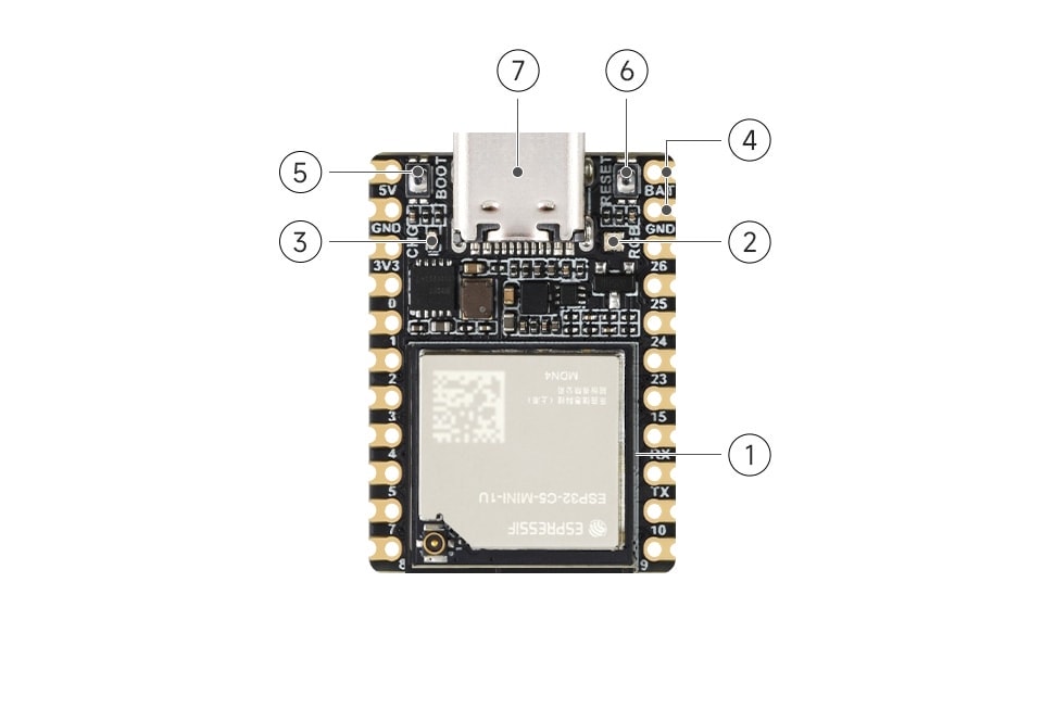 Rozmieszczenie elementów złącze USB-C i diody ESP32-C5-MINI-KIT