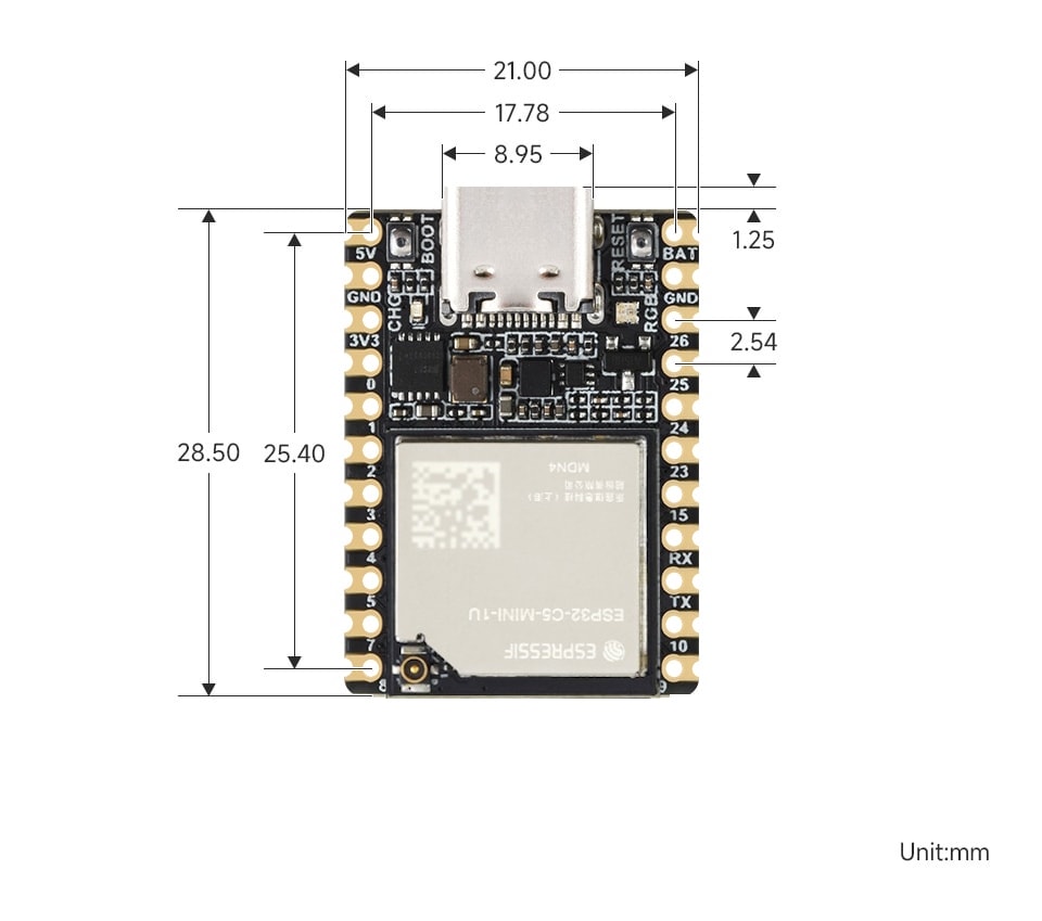 Wymiary gabarytowe modułu ESP32-C5-MINI-KIT-UM