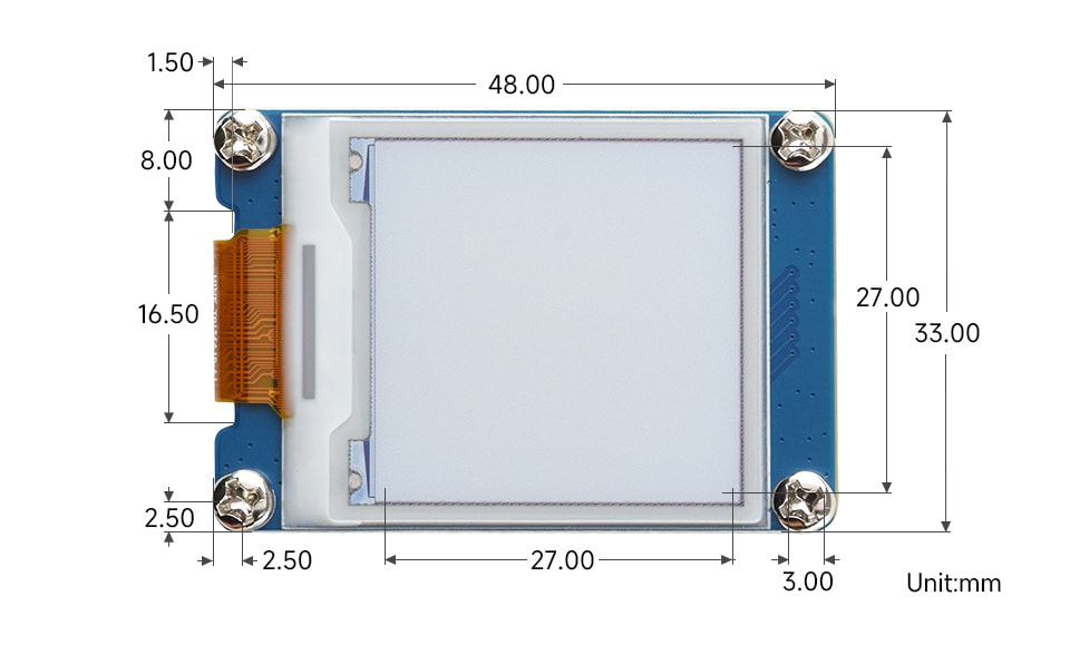 Wymiary modułu e-Paper 1.54 cala z płytką sterującą