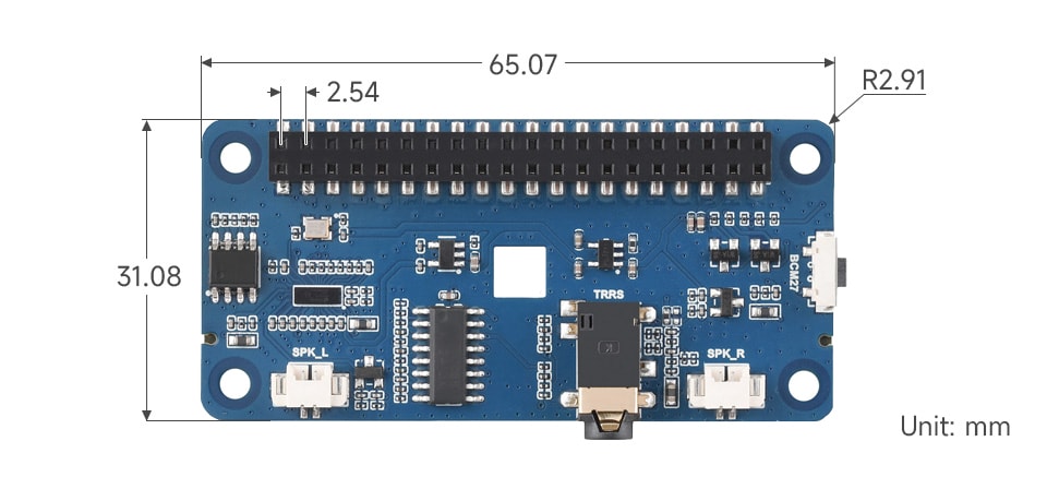 Wymiary gabarytowe nakładki DA7212 Audio HAT (B)
